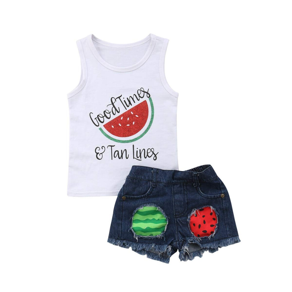 Ensemble short en jean pour b  b   fille, t-shirt sans manches, pantalon taille basse, v  tements d'  t  , couleur past  que, 3-4 ans