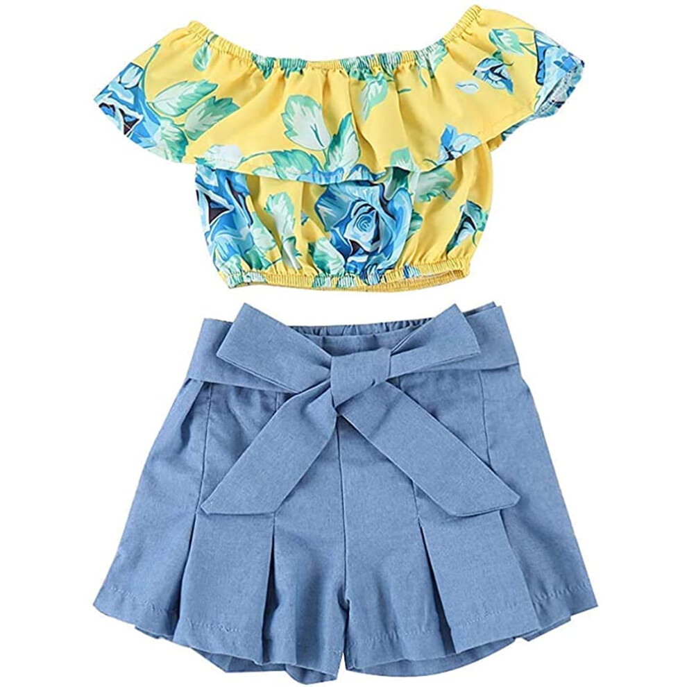 Completi Per Bambina E Bambina, Top Corto Con Volant Floreale E Spalle Scoperte + Pantaloncini Di Jeans Con Fiocco E Gonna, Set Di Vestiti Estivi-image