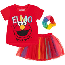 Sesame Street Elmo Toddler Girls Grafisk T-shirt Mesh nederdel og Scrunchie 3-delt outfit s?t r?d/regnbue 2T