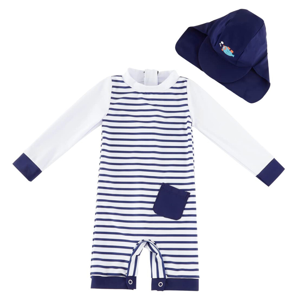 Maillot de bain une pi   ce pour tout-petit, protection solaire UPF 50+, rayures bleues, avec bonnet, 18-24 mois