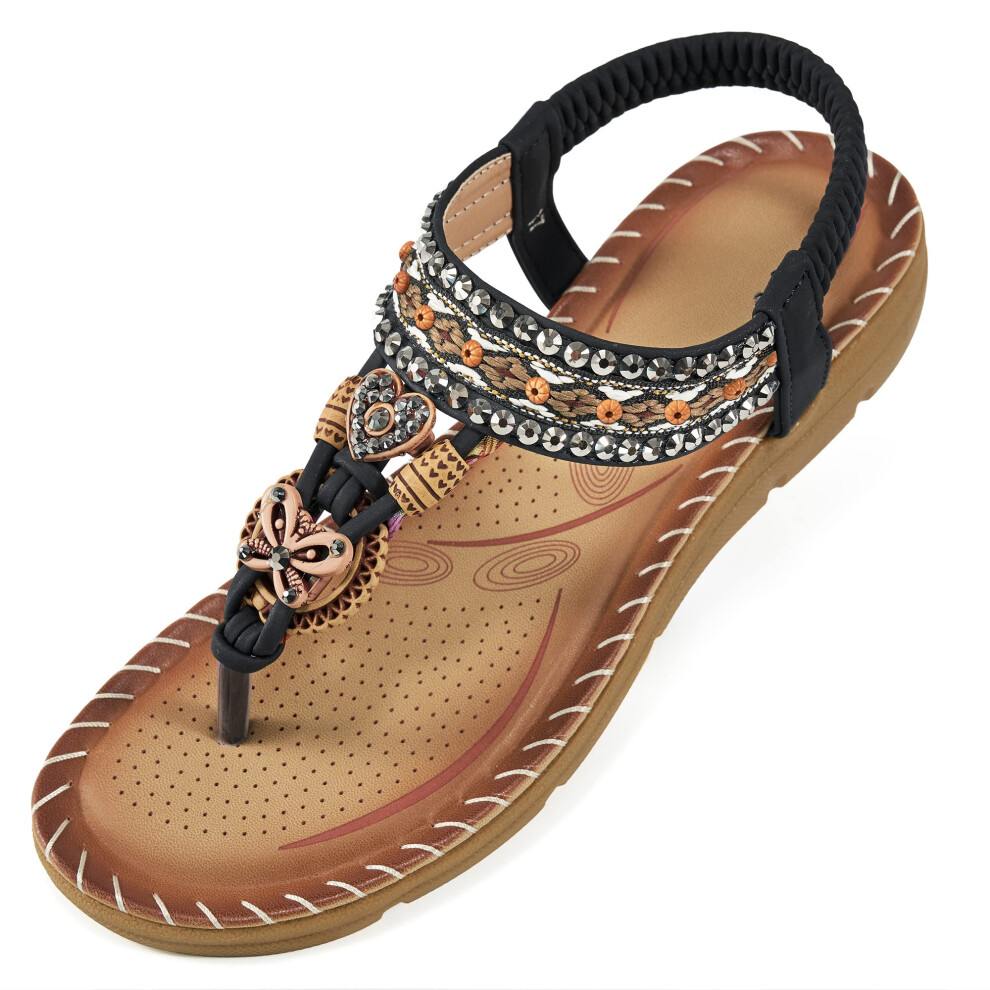 Aomigoct Sandals Women Flat Shoes: Dressy Summer Bohemian Flats Shoes for Women Sandals Comfortable Ankle Strap Outdoor Walking