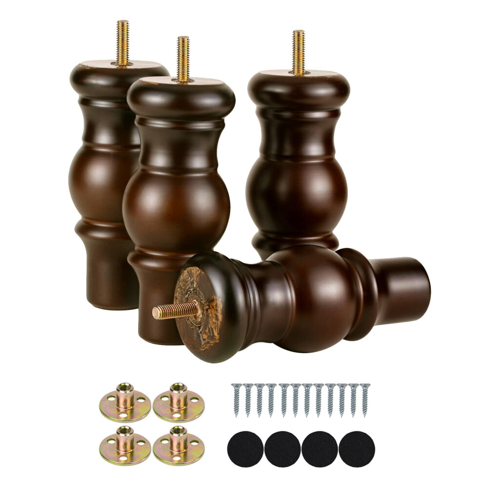 Maricome 6 Inch Wood Sofa Legs Walnut Turned Round Bun Wooden Furniture Legs Set Of 4 711469053529