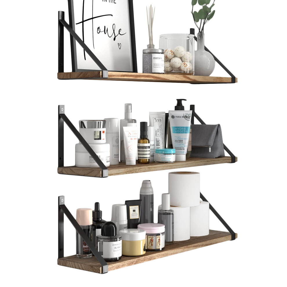 Wallniture Bora Floating Shelves for Wall 24""""x6"""" Bathroom Storage Shelves Rustic Wood Shelf Set of 3 Burned Finish