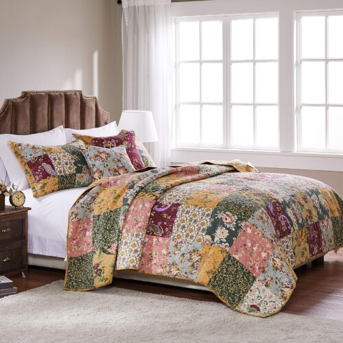 Conjunto de Colcha Patchwork Antigo Chic 100% Algodão, King/California King (5 Peças), Multicolorido 1