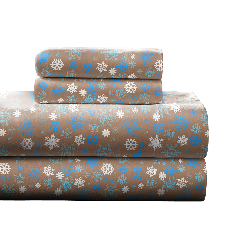 Parure de draps Pointehaven en flanelle de coton    pais, motif flocons de neige/beige, King size