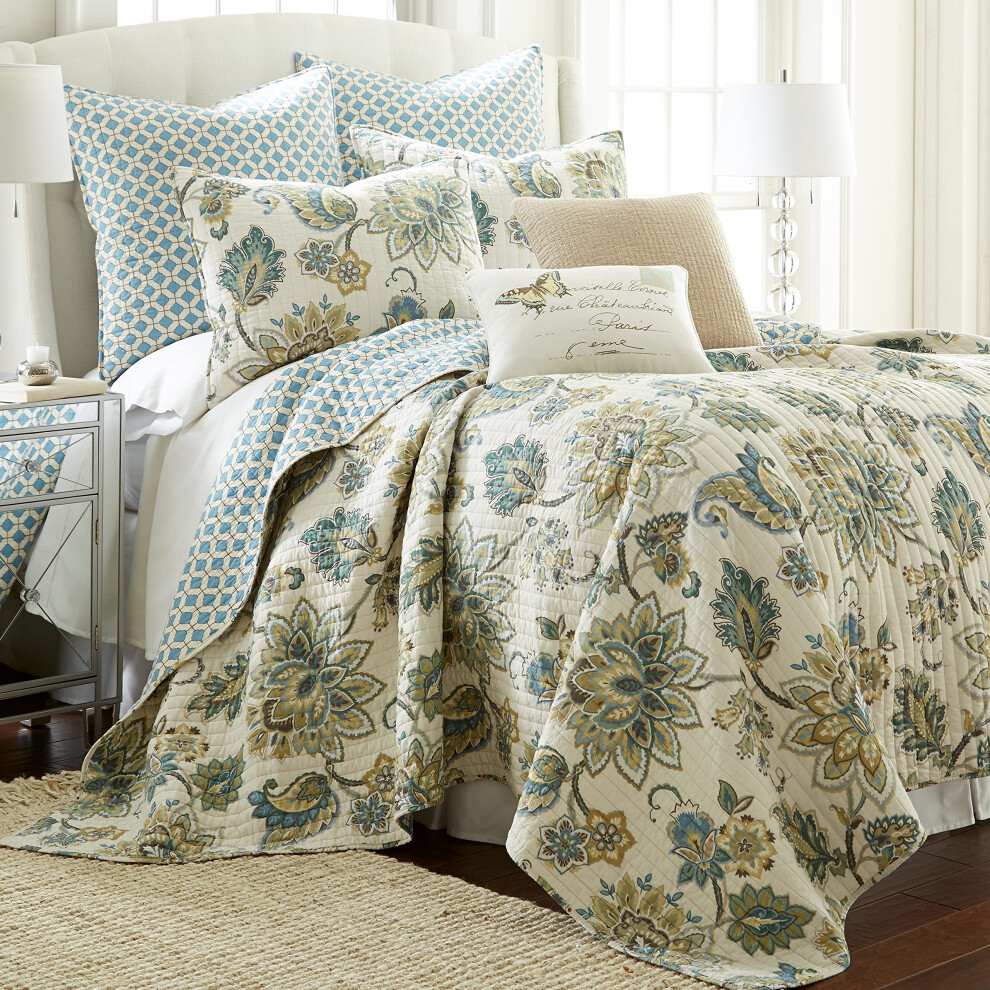 Levtex Home - Parure de lit Palladium Gris - Couette King Size 106 x 92 po + deux taies d'oreiller King Size 36 x 20 po - Motif cachemire - Vert, jaun