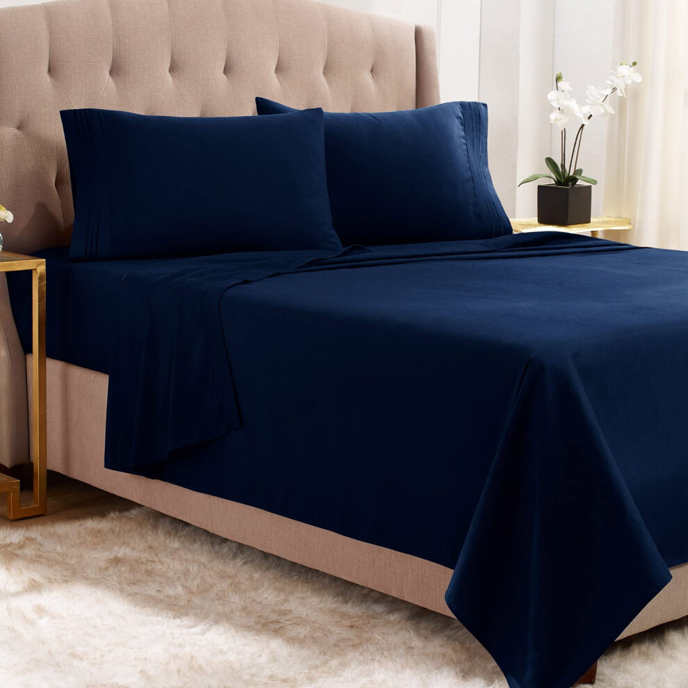 Draps Empyrean King Size - 4 pi   ces - Draps super doux en microfibre bross   e double pour lit king size - Ensemble de draps de luxe bleu marine po
