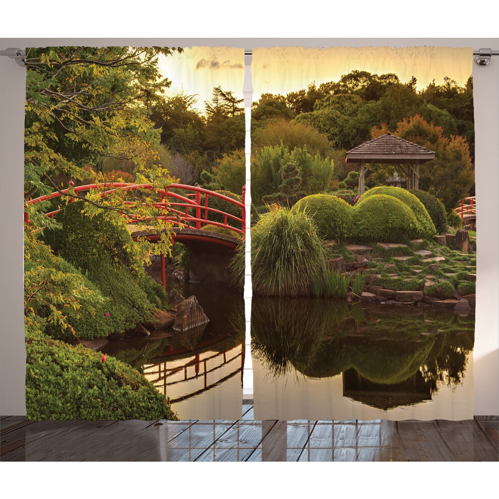Rideaux japonais Ambesonne Jardin paisible Reflets crépusculaires dans l'eau Pont rouge sur l'étang Coucher de soleil Salon Chambre Fenêtre Ridea