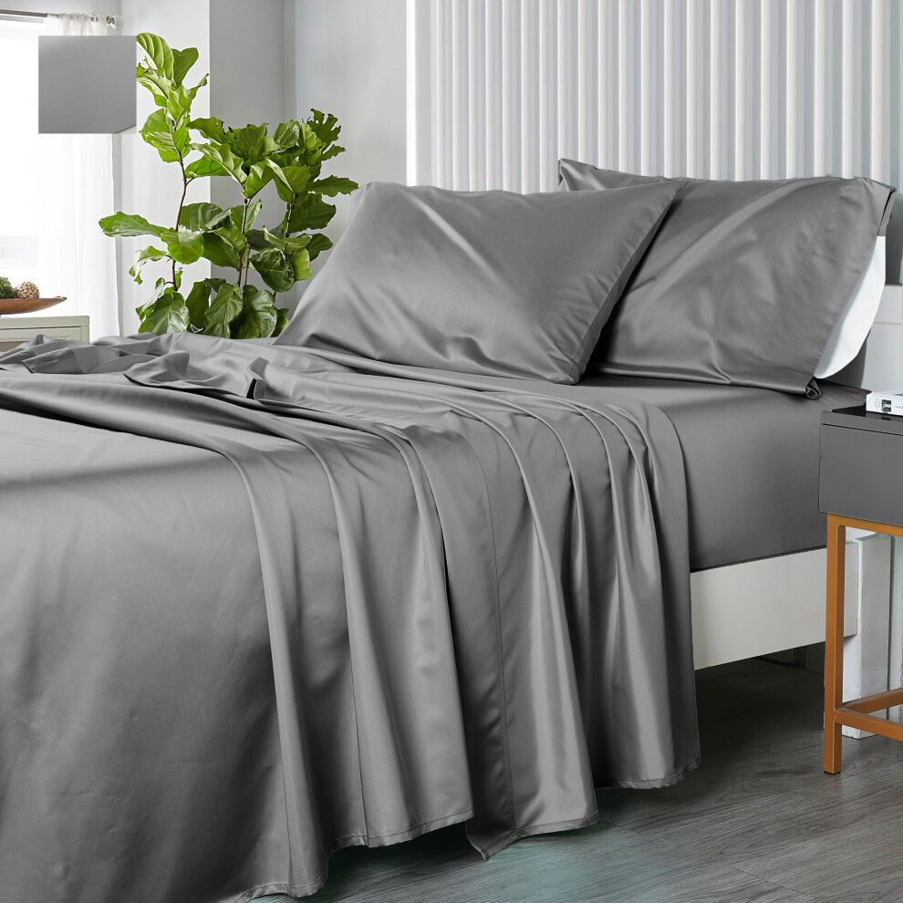 Royal Hotel Bedding Top-Split-King : Parure de lit king size ajustable, gris uni, 600 fils, 4 pi  ces, 100 % satin de coton, bonnet profond uni