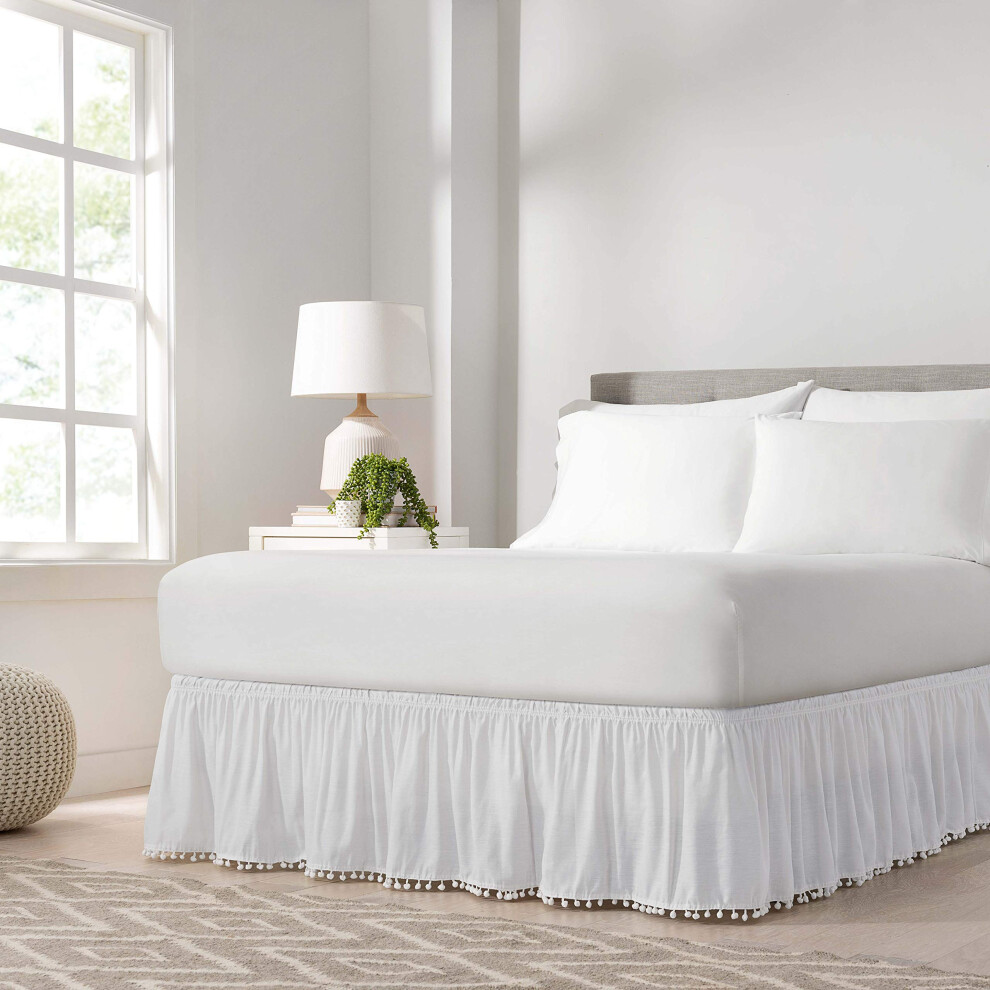 EASY FIT Pom Pom Elastic Wrap Around Bed Skirt Easy On/Off Dust Ruffle (18 Inch Drop) Twin/Full White