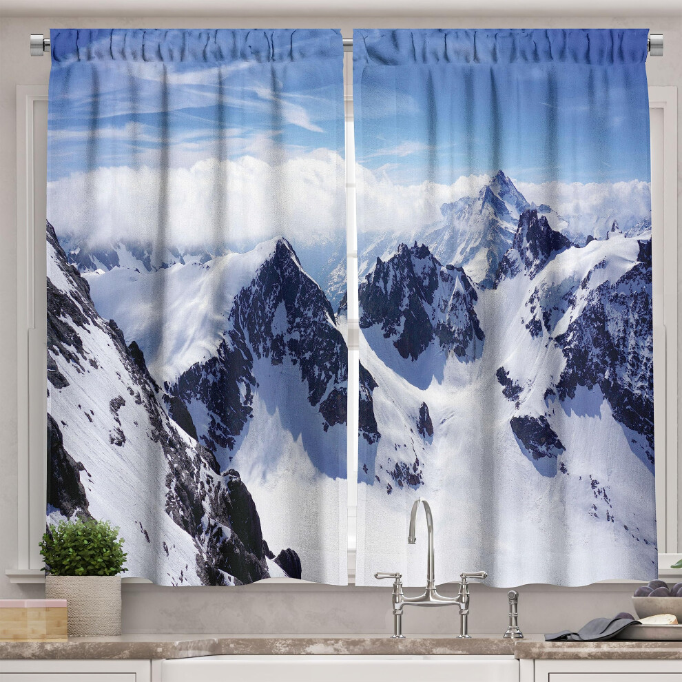 Rideaux de cuisine d'hiver Ambesonne, sommets enneigés, hautes terres, Alpes pittoresques du Nord, panorama de la vallée, imprimés, ensemble de 2