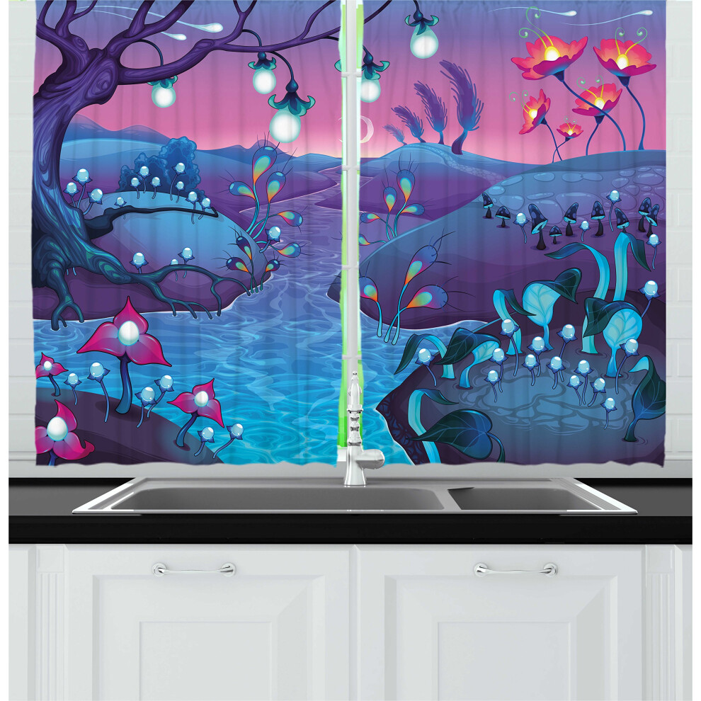 Rideaux de cuisine Ambesonne Champignons Style dessin animé Paysage nocturne fantastique avec la rivière Champignons et arbres Rideaux de fenêtre