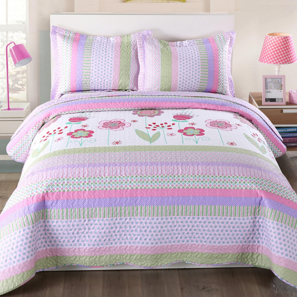 MarCielo Parure de lit 3 pi   ces pour enfants, couvre-lit, couverture, couvre-lit imprim   , motif floral violet et ray    (plein)