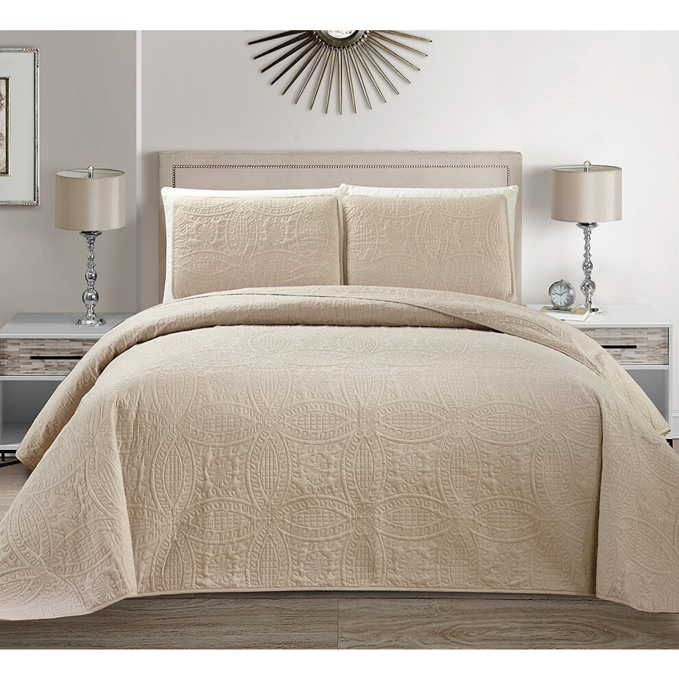 Ensemble de couvre-lit surdimensionn    3 pi   ces Fancy Collection, motif gaufr   , pour lit double ou queen size, beige uni/kaki, neuf # Austin