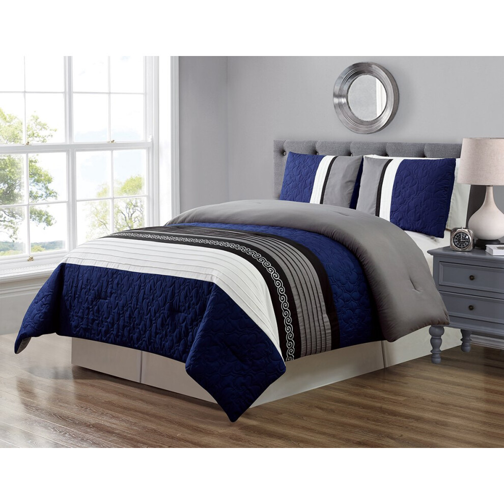 GrandLinen 3 Piece Navy Blue/Grey/Black/White Scroll Embroidery Bed in A Bag Down Alternative Comforter Set King/Cal King Size Bedding. Perfect f