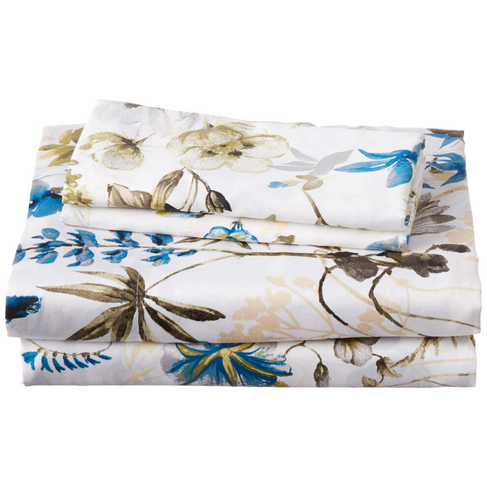 Parure de lit 4 pi   ces Tribeca Living en satin de coton doux 300 fils, imprim    floral, avec poches extra profondes, bleu amalfi/multicolore