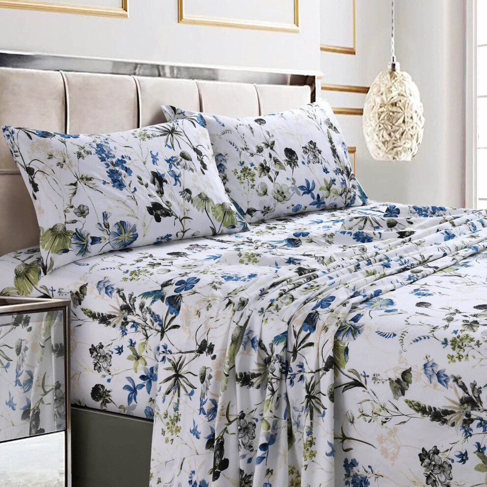 Parure de lit Queen Size Tribeca Living, 300 fils au pouce carr   , satin de coton doux, imprim    floral, avec poches extra profondes, ensemble de l
