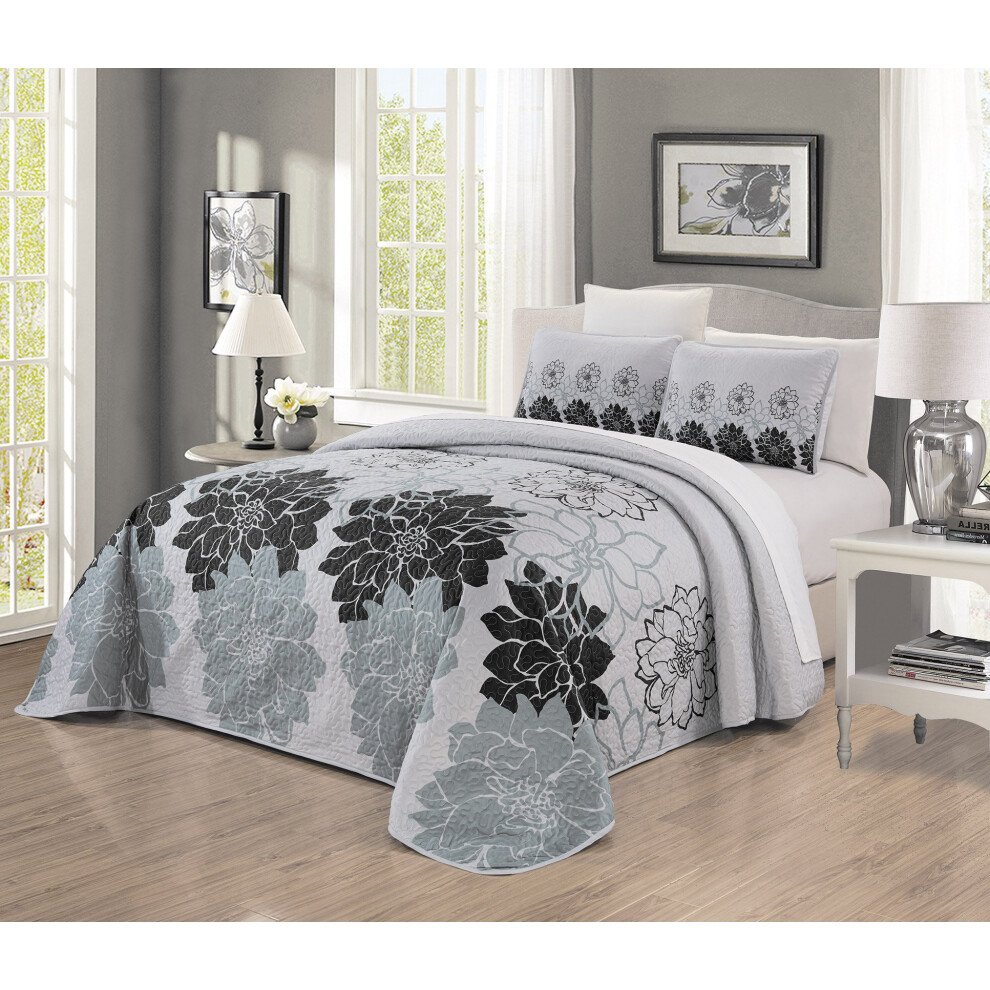 Parure de lit 3 pi   ces GrandLinen, grande taille (254 x 241 cm), couvre-lit r   versible, imprim    floral noir et gris.