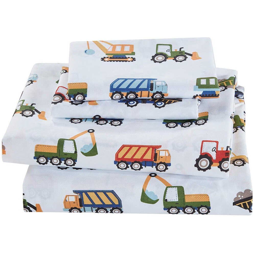 Parure de draps fantaisie en lin pour chambre d'enfant, motif excavatrices, camions     benne basculante, tracteurs, bleu clair, rouge, jaune, bleu
