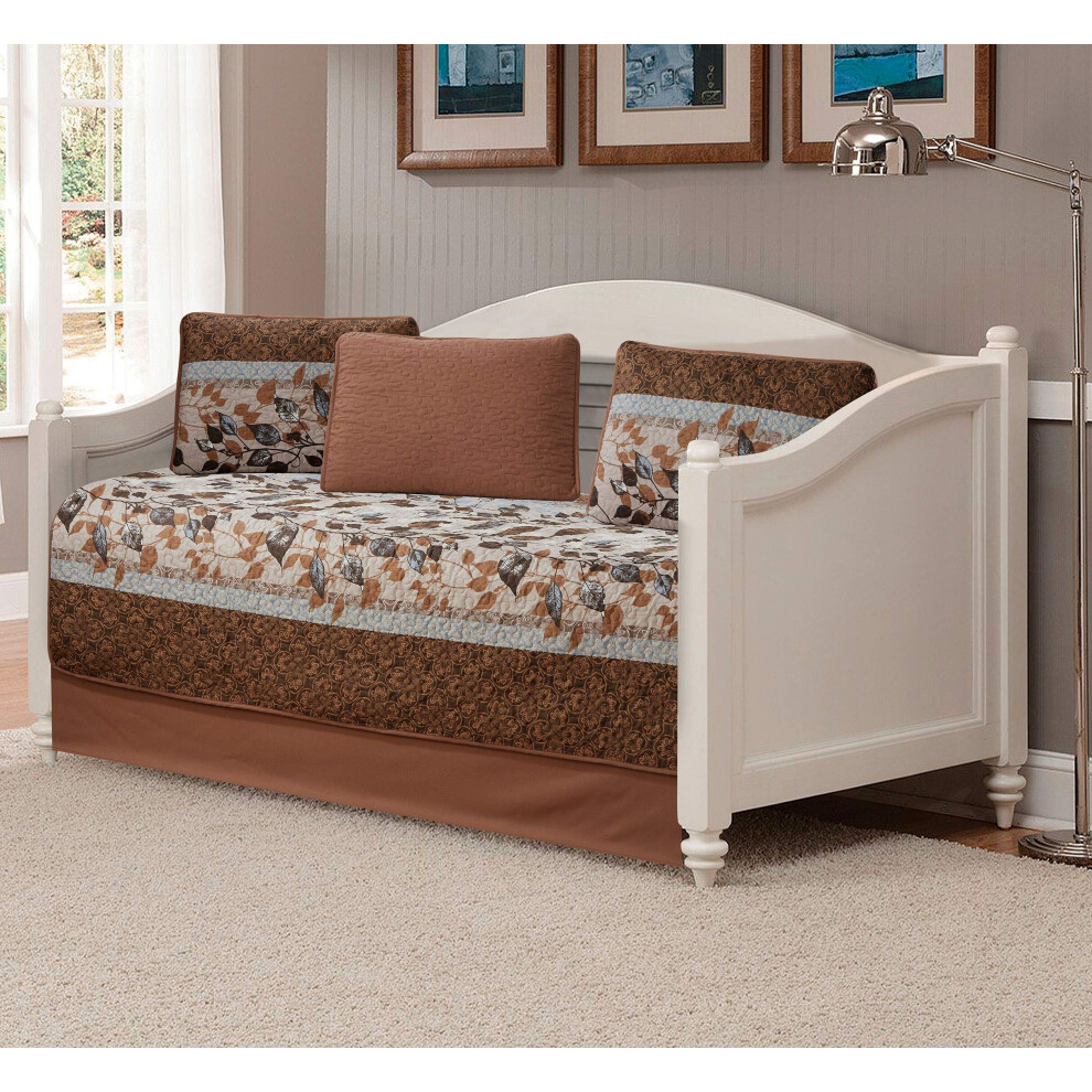 Ensemble de couvre-lit matelass   5 pi  ces Kids Zone Home Linen, marron, beige, bleu ciel, feuilles blanches