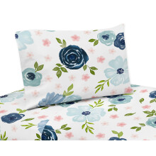 Sweet Jojo Designs Marinbl och rosa akvarell blommig tvilling lakan set - 3 delar set - rouge grn och vit Shabby Chic Rose Flower