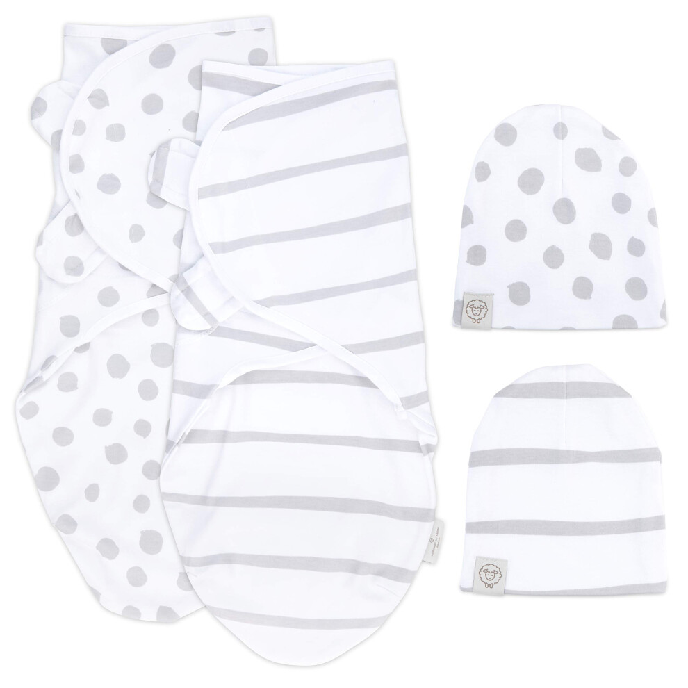 Lot de 2 langes r   glables Adrienne Vittadini Bambini + 2 bonnets, taille S 0-3 mois, rayures et pois gris