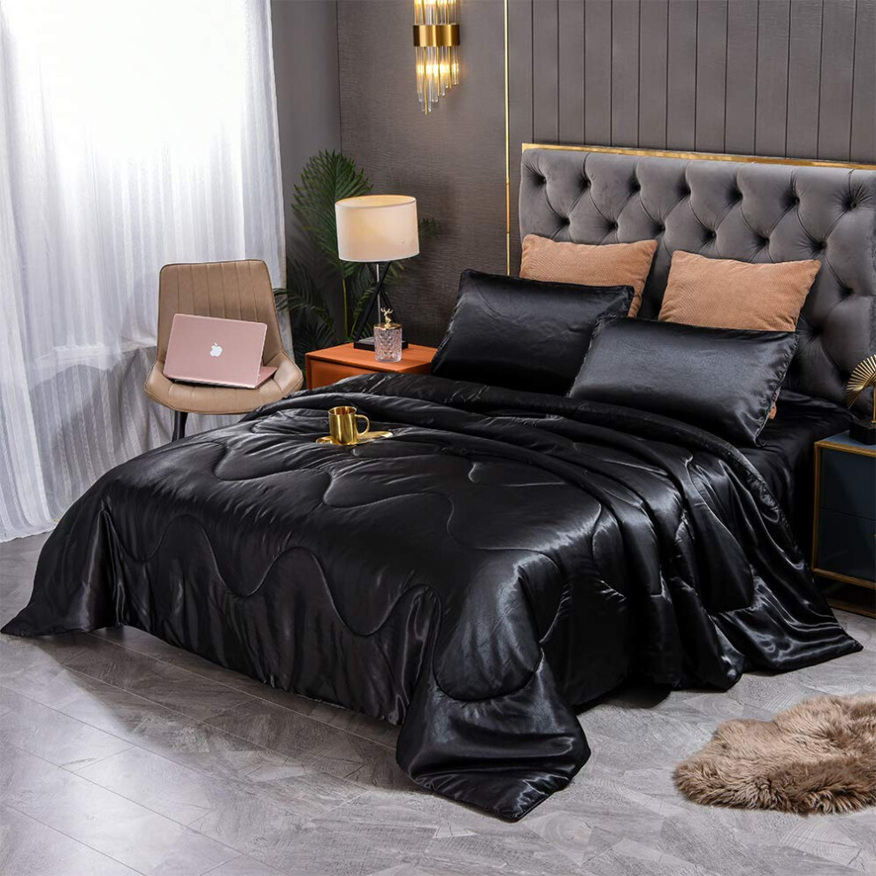 Parure de lit en satin Sisher, taille Queen, noire, avec 2 taies d'oreiller, pour homme et femme
