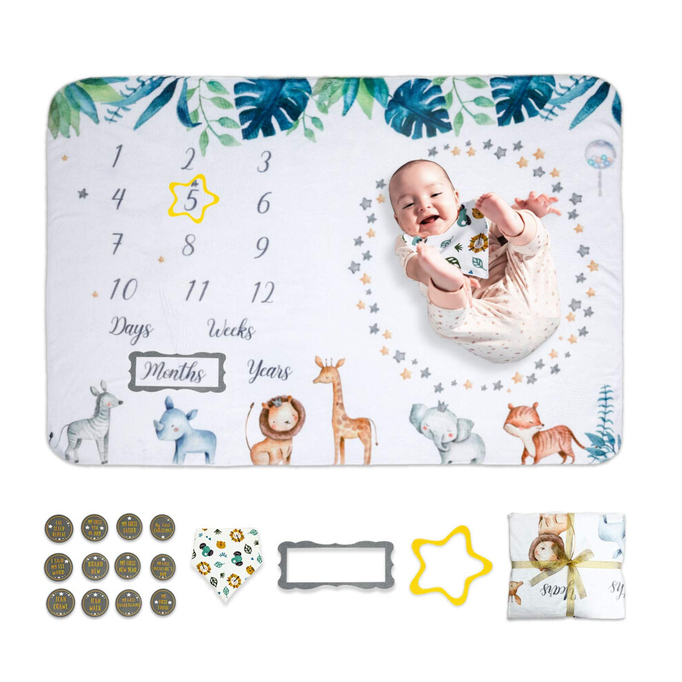 Baby Monthly Milestone Blanket - Nursery Decor For Newborn Baby Shower - Personalized Soft Fleece First Year With Days/Weeks/Months/Years - Markers & Nuaele