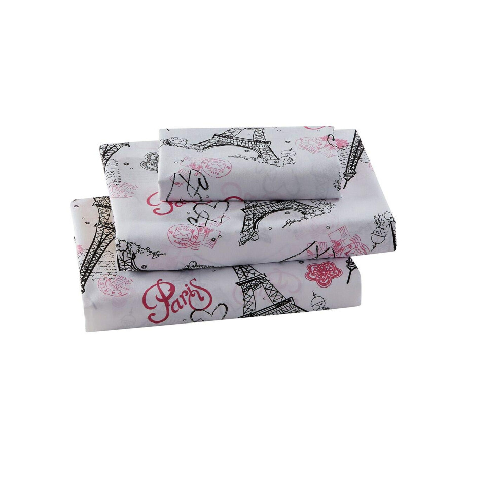 Parure de lit Kids Zone Home Collection pour filles/ados, motif Paris, Tour Eiffel, c   urs, fleurs, blanc, rose, noir, rose/blanc, nouveaut    # Fla