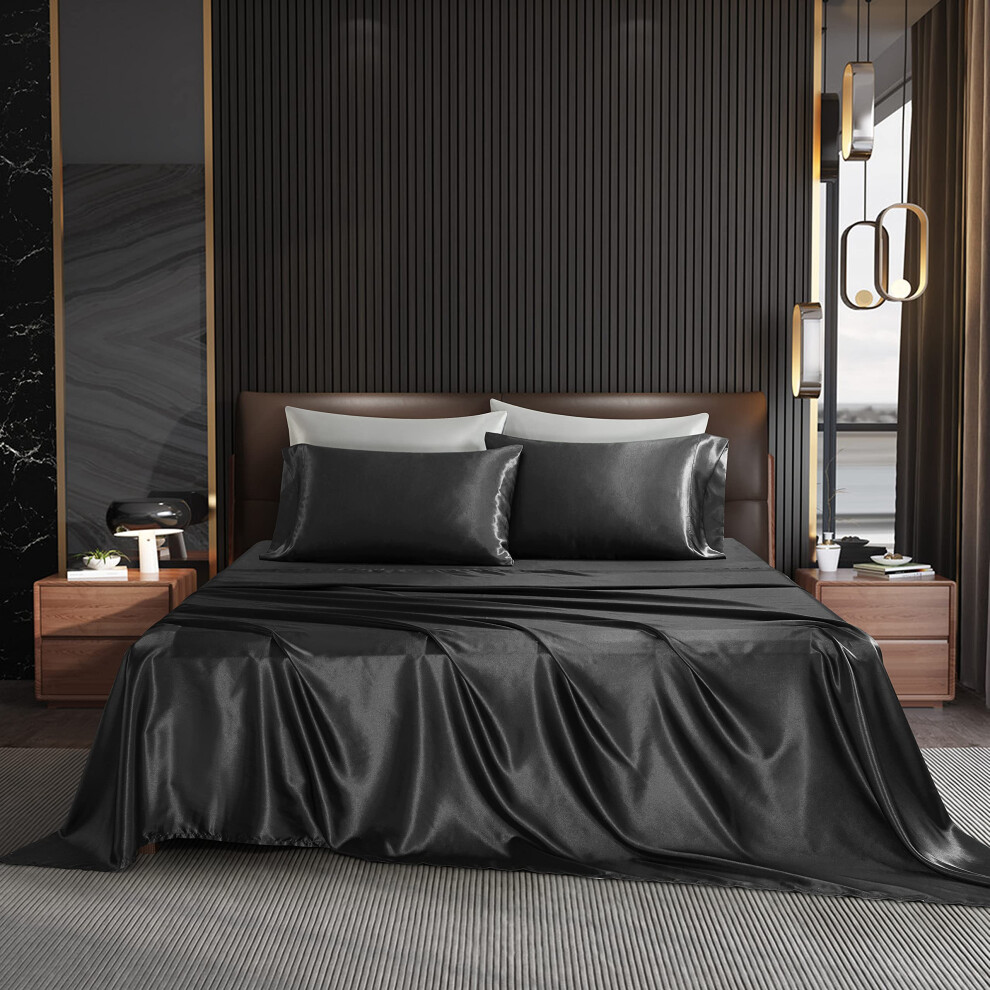 NA HommxJF Parure de lit 4 pi   ces en satin noir, draps en soie soyeuse noire, taies d'oreiller, avec 1 drap plat, 1 drap-housse     poche profonde
