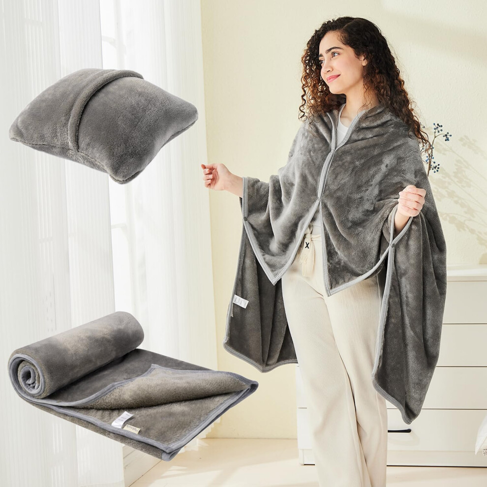 Mellowdy Shawl Blanket Pillow 2-in-1 with Sleeves for Office  Work  Home (Dark Grey  40x60) - Wearable Adult Snuggie Coat Poncho  Airplane Travel Set