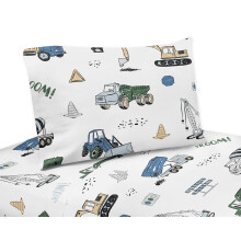Sweet Jojo Designs Construction Truck Queen Lakanset - 4-delat set - Gr Gul Svart Bl och Grn Transport
