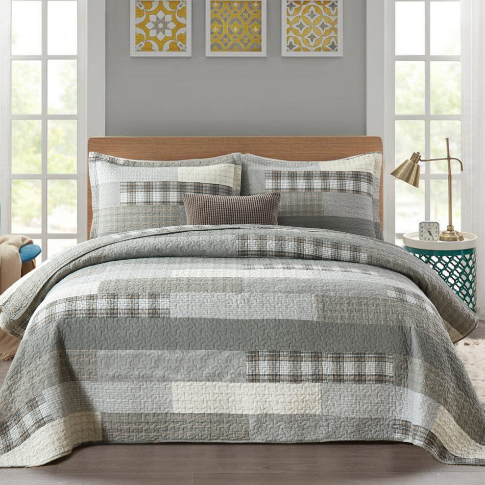 Y-PLWOMEN Quilts Queen Size - 100% coton Gris Queen Quilt Farmhouse Plaid Couvre-lit matelassé 3 pièces Ensemble de literie léger réversible Quee