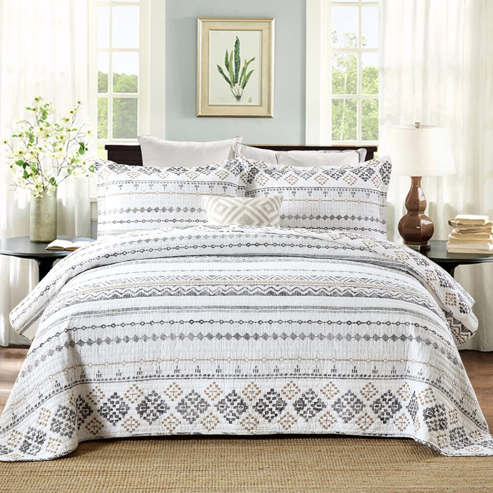 Y-PLWOMEN Copripiumino Queen 100% Cotone Boho Queen Quilt Set Bianco/Grigio A Righe Geometriche Copripiumino Queen Bohemian Leggero Morbido Queen-image