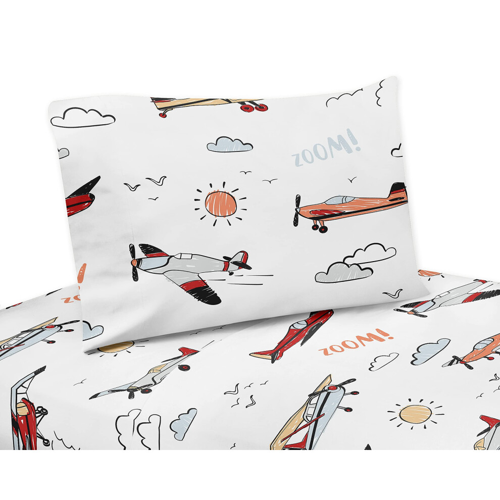 Ensemble de draps doubles vintage Sweet Jojo Designs - Ensemble 3 pi   ces - Gris Jaune Orange Rouge Blanc et Bleu Avions Transport Nuages Soleil C