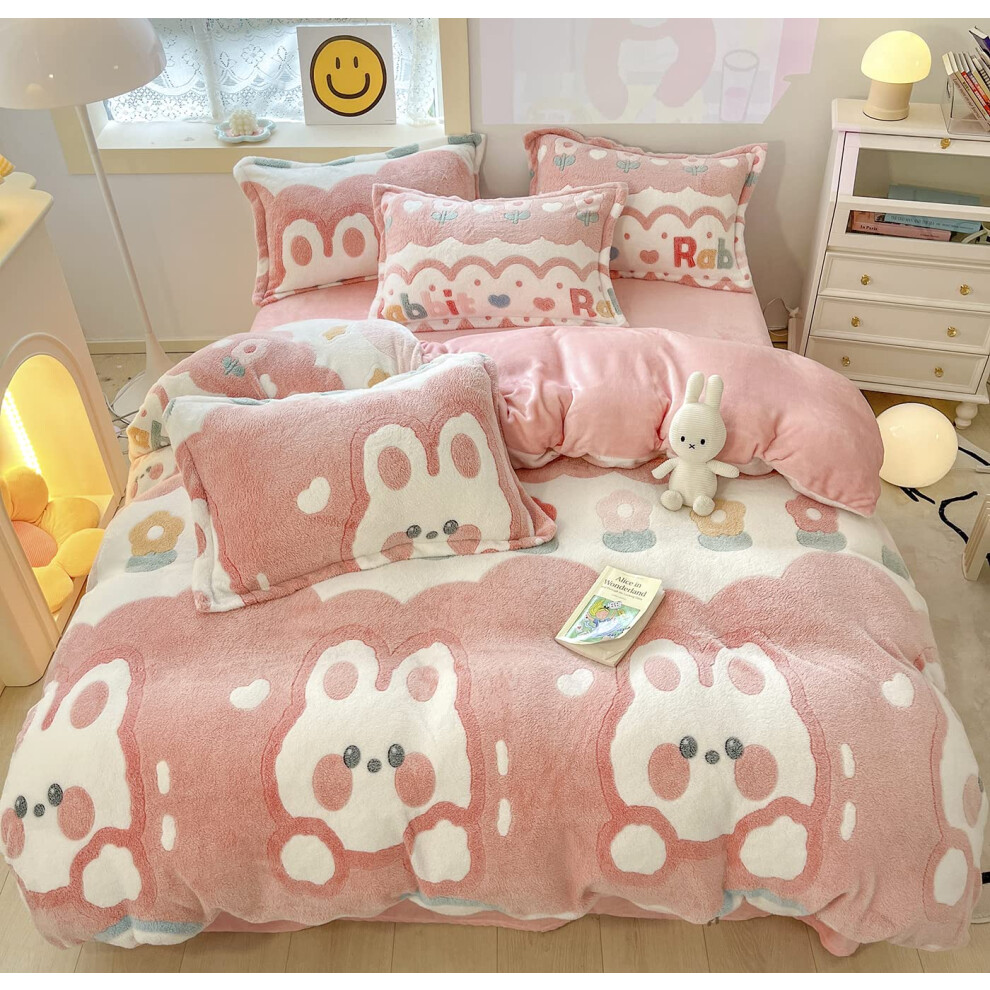 LMONMOO Parure de lit rose avec housse de couette et taie d'oreiller, motif lapin Kawaii, ultra douce et mignonne, motif floral, pour fille (lapin ros