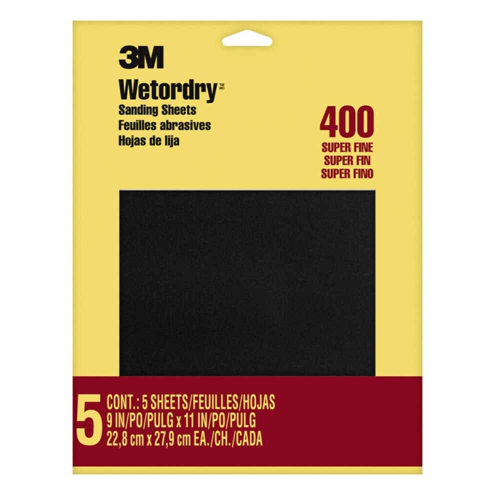 3M Wetordry Sandpaper  9 in. x 11 in.  400 Grit  5 Sheets  For Sanding Between Coats of Varnish  Lacquer  Paint & other finishes  Waterproof Paper San