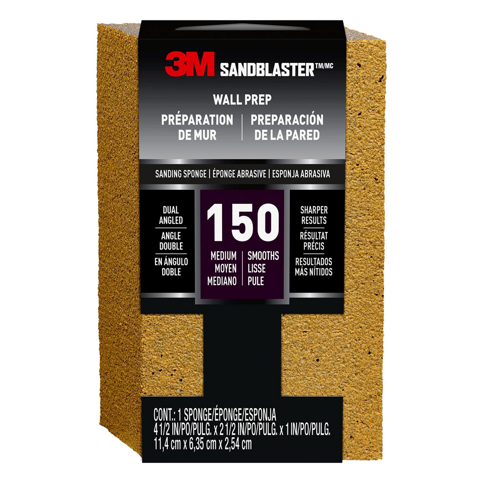3M SandBlaster Dual Angle Bare Surfaces Sanding Sponge  150 Grit  For Wet Or Dry Use  Professional-Grade Foam Keeps Its Shape For Lasting Use  Premium