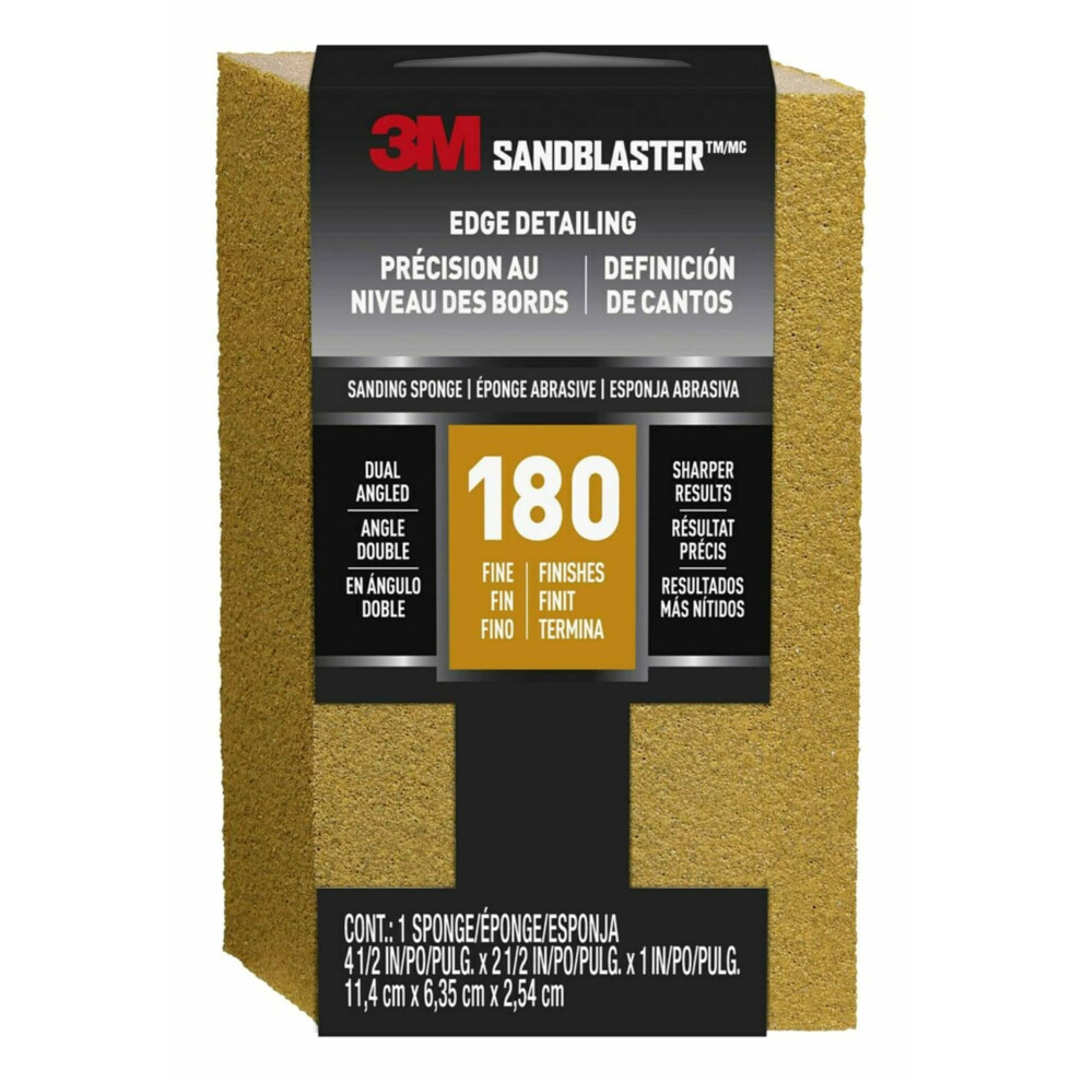 3M SandBlaster Dual Angle Bare Surfaces Sanding Sponge  180 Grit  For Wet Or Dry Use  Professional-Grade Foam Keeps Its Shape For Lasting Use  Premium