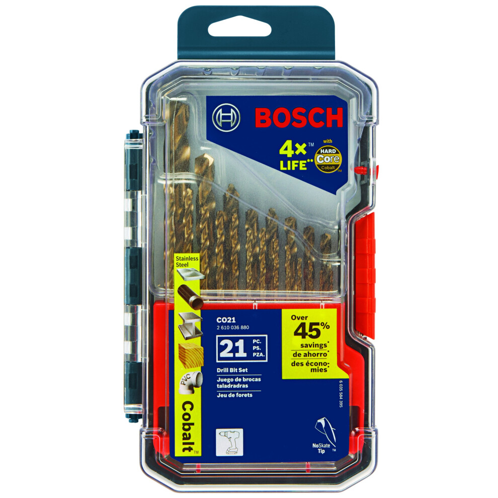 BOSCH CO21 21-Piece Assorted Set with Included Case Cobalt Metal Drill Bit with Three-Flat Shank for Drilling Applications in Stainless Steel  Cast Ir