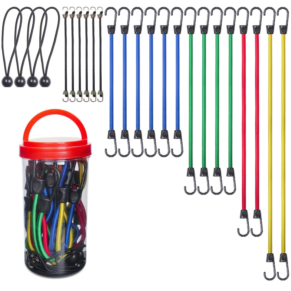 Efficere 24-Piece Premium Bungee Cord Assortment In Storage Jar - Includes 10 18 24 32 40 Bungee Cords And 8 Canopy/Tarp Ball Ties 858574007129