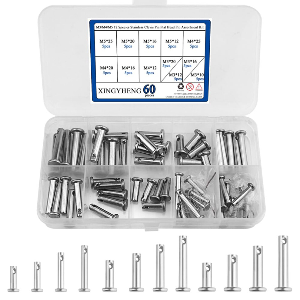 Xingyheng 60Pcs M3 / M4 / M5 12 Species Stainless Clevis Pin Flat Head Pin With Hole Location Pin T-Shape Round Pin Assortment Kit 714973094798