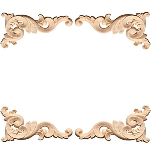 4pcs Wood Carved Corner Onlay Appliques - Unpainted Oak, 15x8cm, For Cabinet, Door, Frame Decoration (2 Left & 2 Right)