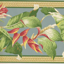 CONCORD WALLCOVERINGS Retro Tropical Landscape Wallpaper Border Featuring Flowers and Big Leaves on a Baby Blue Background Colors Blue Green Pink