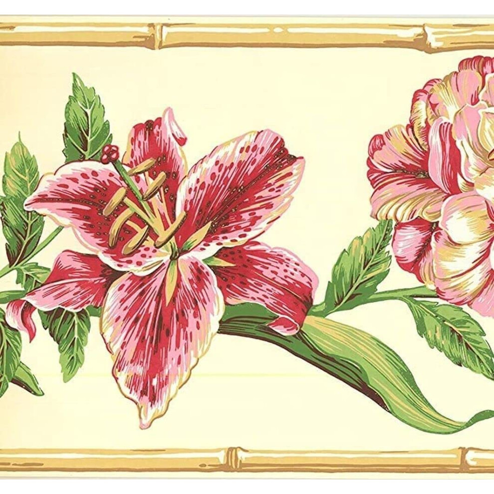 CONCORD WALLCOVERINGS  Retro Floral Hawaii Wallpaper Border Featuring Roses and Tropical Flowers  Colors Pink Yellow Green  Size 9 Inches by 15 Feet N