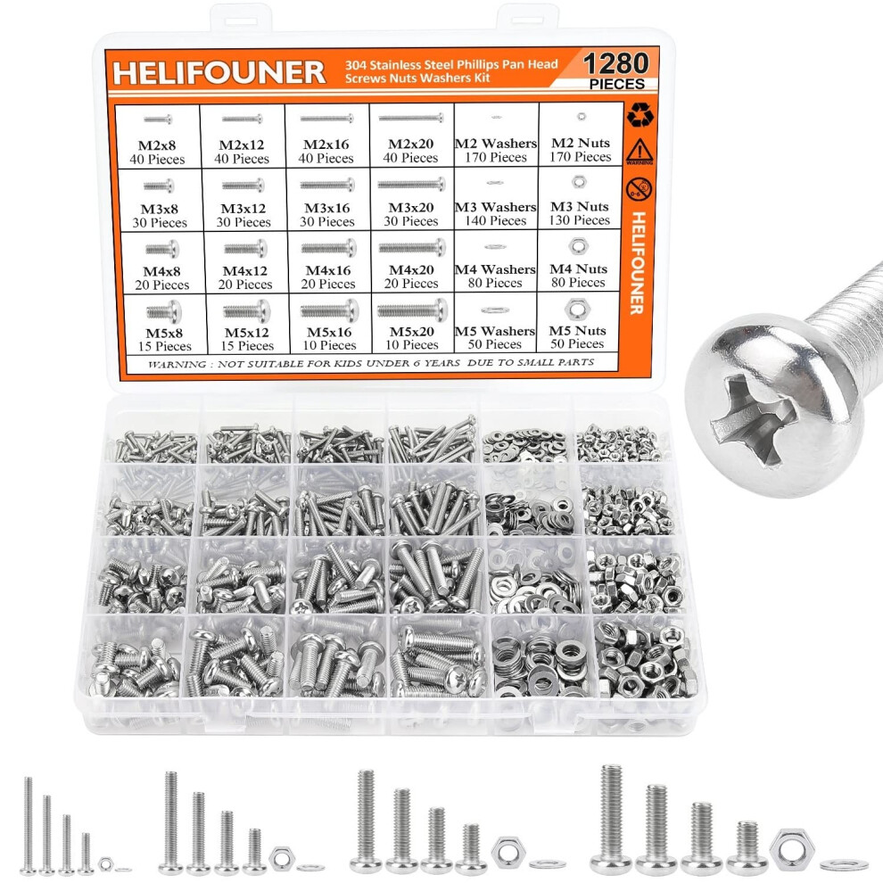 Helifouner 1280 Pieces M2 M3 M4 M5 Phillips Pan Head Machine Screws Flat Washers And Nuts Assortment Kit 304 Stainless Steel 659499060608
