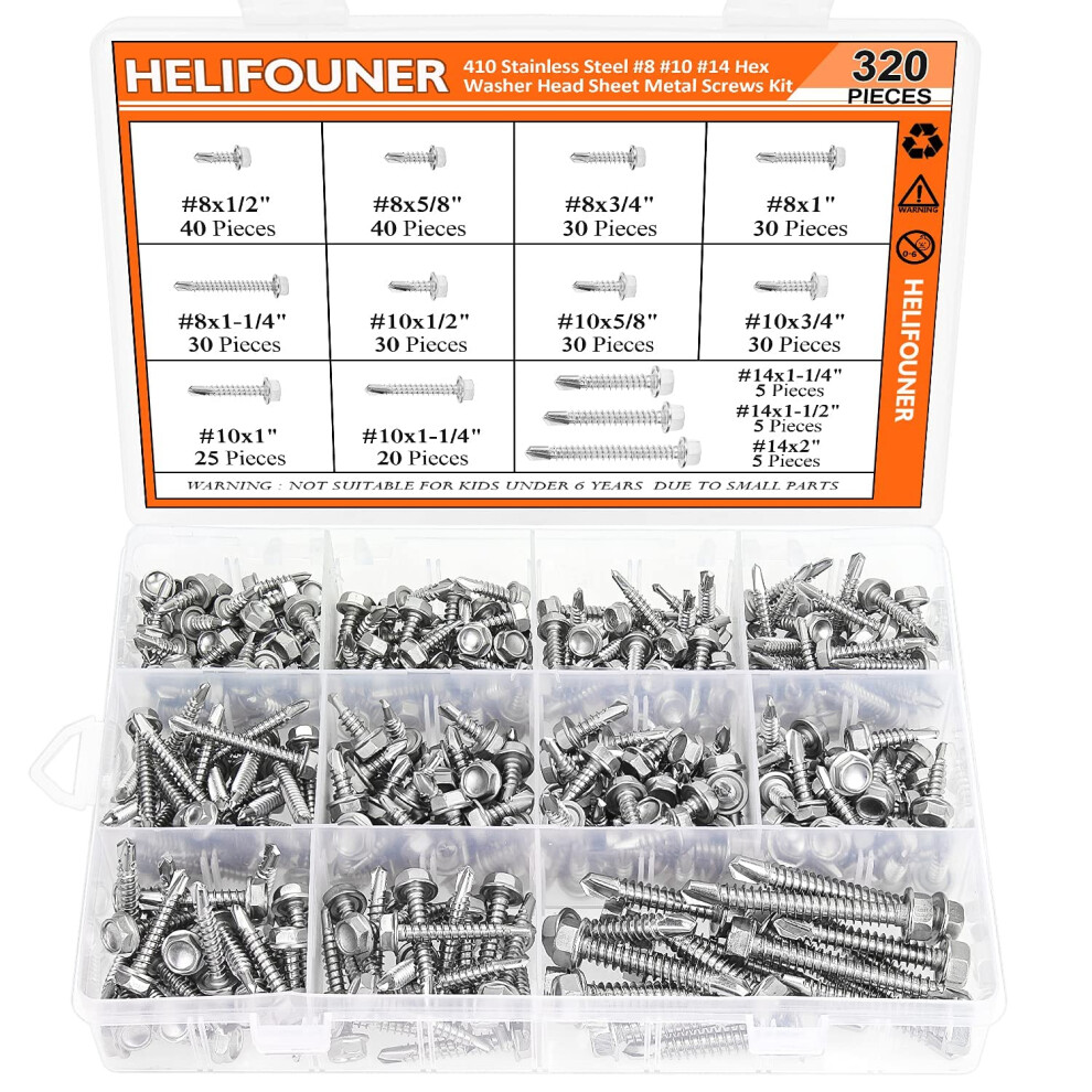 HELIFOUNER Assortiment de 320 vis     t   le autoperceuses     t   te hexagonale #8#10#14 en acier inoxydable 410