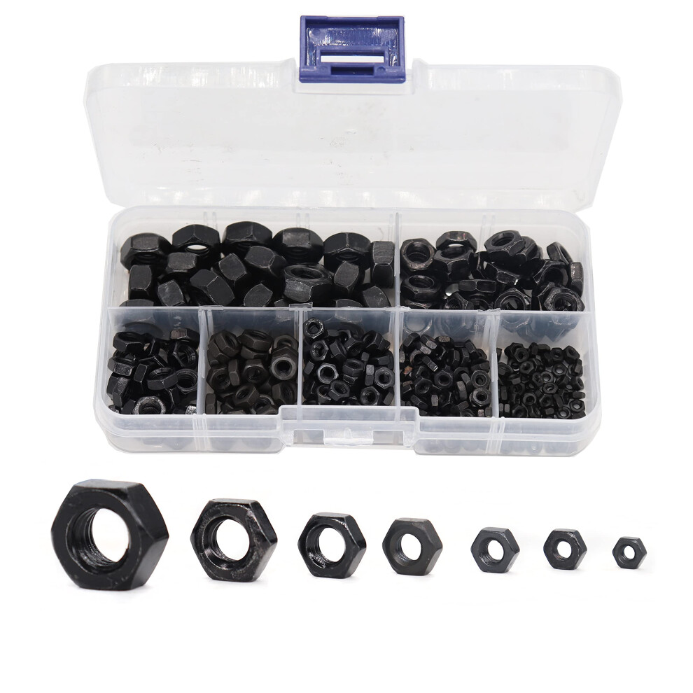 Cseao 370Pcs Black Coarse Hex Nut Assortment Kit Din934 M2/ M2.5/ M3/ M4/ M5/ M6/ M8 Carbon Steel Grade 4.8 733424955167