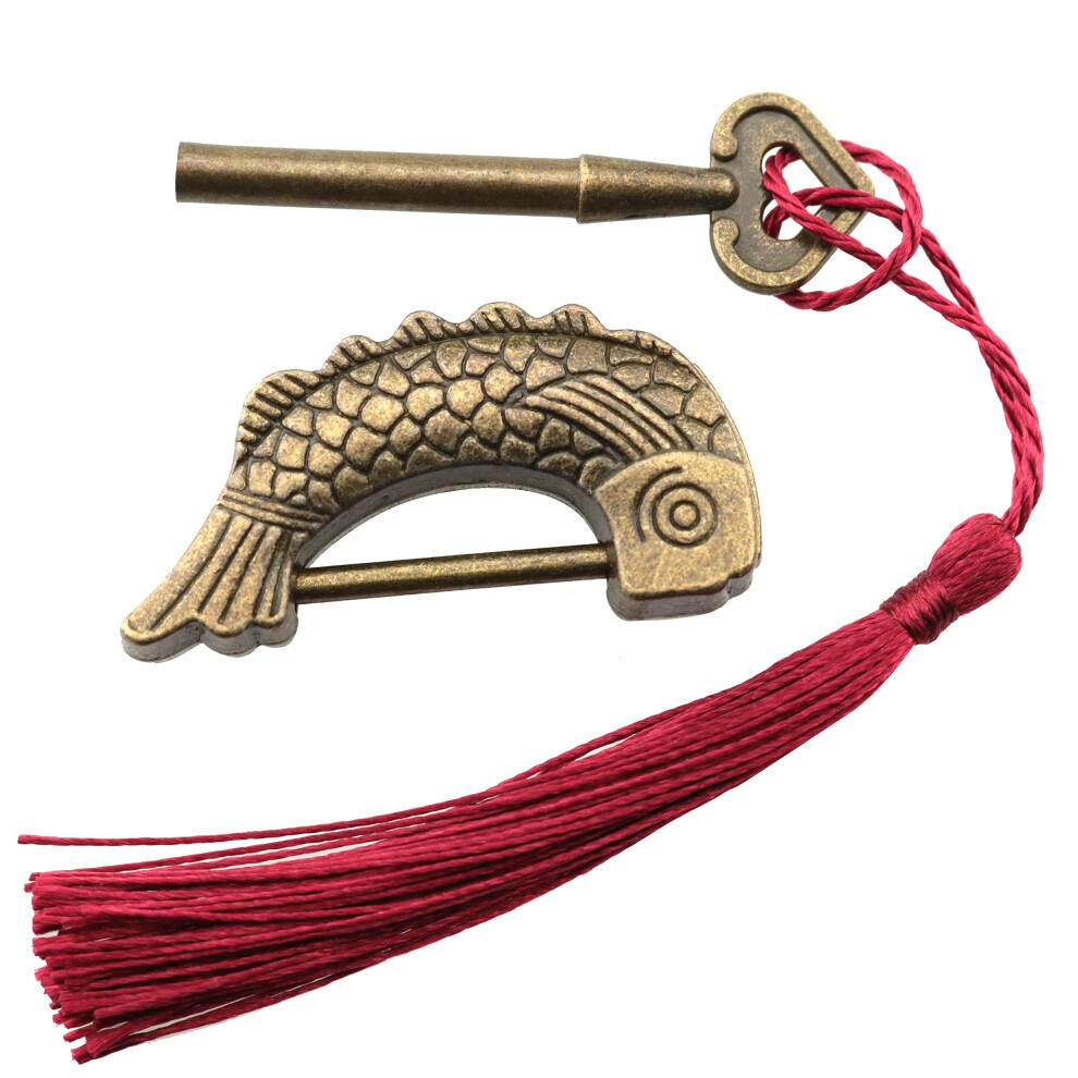 Yhxixi Fish Shaped Retro Padlock With Key And Tassels Retro Antique Wooden Box Lock Alloy Jewelry Box Fish Pattern Lock 728456072241