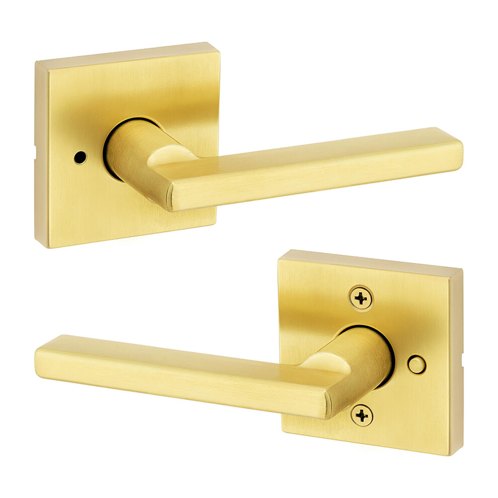 Photos - Door Handle Kwikset Halifax Interior Privacy  with Lock Door Lever for Bathroom and Bedroom Satin Brass Reversible Keyless Pu